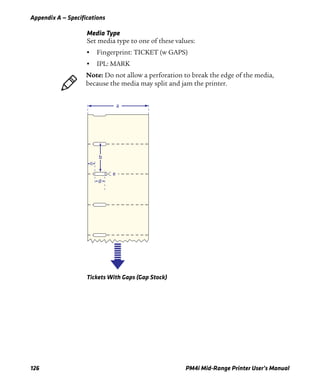 Appendix A — Specifications
126 PM4i Mid-Range Printer User’s Manual
Media Type
Set media type to one of these values:
• Fingerprint: TICKET (w GAPS)
• IPL: MARK
Tickets With Gaps (Gap Stock)
Note: Do not allow a perforation to break the edge of the media,
because the media may split and jam the printer.
a
b
e
d
c
 