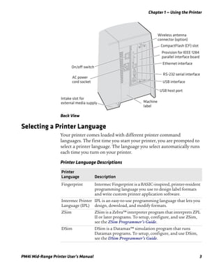 Chapter 1 — Using the Printer
PM4i Mid-Range Printer User’s Manual 3
Back View
Selecting a Printer Language
Your printer comes loaded with different printer command
languages. The first time you start your printer, you are prompted to
select a printer language. The language you select automatically runs
each time you turn on your printer.
Wireless antenna
connector (option)
CompactFlash (CF) slot
Provision for IEEE 1284
parallel interface board
On/off switch
RS-232 serial interface
AC power
cord socket
Machine
label
Intake slot for
external media supply
USB interface
Ethernet interface
USB host port
Printer Language Descriptions
Printer
Language Description
Fingerprint Intermec Fingerprint is a BASIC-inspired, printer-resident
programming language you use to design label formats
and write custom printer application software.
Intermec Printer
Language (IPL)
IPL is an easy-to-use programming language that lets you
design, download, and modify formats.
ZSim ZSim is a Zebra™ interpreter program that interprets ZPL
II or later programs. To setup, configure, and use ZSim,
see the ZSim Programmer’s Guide.
DSim DSim is a Datamax™ simulation program that runs
Datamax programs. To setup, configure, and use DSim,
see the DSim Programmer’s Guide.
 