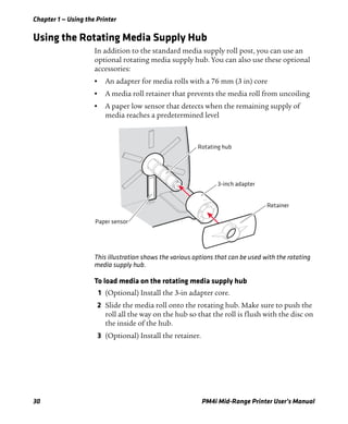 Chapter 1 — Using the Printer
30 PM4i Mid-Range Printer User’s Manual
Using the Rotating Media Supply Hub
In addition to the standard media supply roll post, you can use an
optional rotating media supply hub. You can also use these optional
accessories:
• An adapter for media rolls with a 76 mm (3 in) core
• A media roll retainer that prevents the media roll from uncoiling
• A paper low sensor that detects when the remaining supply of
media reaches a predetermined level
This illustration shows the various options that can be used with the rotating
media supply hub.
To load media on the rotating media supply hub
1 (Optional) Install the 3-in adapter core.
2 Slide the media roll onto the rotating hub. Make sure to push the
roll all the way on the hub so that the roll is flush with the disc on
the inside of the hub.
3 (Optional) Install the retainer.
Rotating hub
Paper sensor
3-inch adapter
Retainer
 