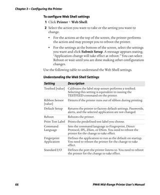 Chapter 3 — Configuring the Printer
66 PM4i Mid-Range Printer User’s Manual
To configure Web Shell settings
1 Click Printer > Web Shell.
2 Select the action you want to take or the setting you want to
change.
• For the actions at the top of the screen, the printer performs
the action and may prompt you to reboot the printer.
• For the settings at the bottom of the screen, select the settings
you want and click Submit Setup. A message appears stating,
“Application change will take effect at reboot.” You can select
Reboot or wait until you are done making other configuration
changes.
Use the following table to understand the Web Shell settings.
Understanding the Web Shell Settings
Setting Description
Testfeed [value] Calibrates the label stop sensor performs a testfeed.
Selecting this setting is equivalent to issuing the
TESTFEED command on the printer.
Ribbon Sensor
[value]
Detects if the printer runs out of ribbon during printing.
Default Setup Returns the printer to factory default settings. Passwords,
alerts, and the selected application are not changed.
Reboot Reboots the printer.
Print Test Label Prints the predefined test label you choose.
Command
Language
Sets the command language to Fingerprint, Direct
Protocol, IPL, ZSim, or DSim. You need to reboot the
printer for the change to take effect.
Fingerprint
Application
Defines the application to run as the default on startup.
You need to reboot the printer for the change to take
effect.
Standard I/O Defines the port the printer listens to. You need to reboot
the printer for the change to take effect.
 