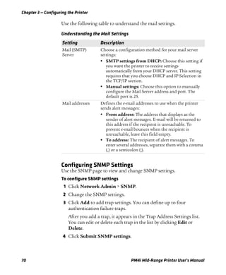 Chapter 3 — Configuring the Printer
70 PM4i Mid-Range Printer User’s Manual
Use the following table to understand the mail settings.
Configuring SNMP Settings
Use the SNMP page to view and change SNMP settings.
To configure SNMP settings
1 Click Network Admin > SNMP.
2 Change the SNMP settings.
3 Click Add to add trap settings. You can define up to four
authentication failure traps.
After you add a trap, it appears in the Trap Address Settings list.
You can edit or delete each trap in the list by clicking Edit or
Delete.
4 Click Submit SNMP settings.
Understanding the Mail Settings
Setting Description
Mail (SMTP)
Server
Choose a configuration method for your mail server
settings:
• SMTP settings from DHCP: Choose this setting if
you want the printer to receive settings
automatically from your DHCP server. This setting
requires that you choose DHCP and IP Selection in
the TCP/IP section.
• Manual settings: Choose this option to manually
configure the Mail Server address and port. The
default port is 25.
Mail addresses Defines the e-mail addresses to use when the printer
sends alert messages:
• From address: The address that displays as the
sender of alert messages. E-mail will be returned to
this address if the recipient is unreachable. To
prevent e-mail bounces when the recipient is
unreachable, leave this field empty.
• To address: The recipient of alert messages. To
enter several addresses, separate them with a comma
(,) or a semicolon (;).
 