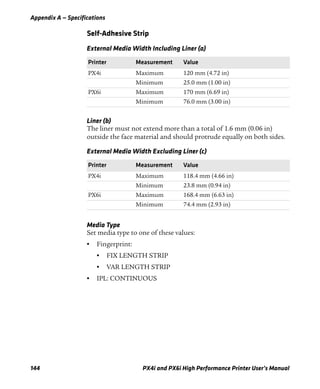 Appendix A — Specifications
144 PX4i and PX6i High Performance Printer User’s Manual
Self-Adhesive Strip
Liner (b)
The liner must not extend more than a total of 1.6 mm (0.06 in)
outside the face material and should protrude equally on both sides.
Media Type
Set media type to one of these values:
• Fingerprint:
• FIX LENGTH STRIP
• VAR LENGTH STRIP
• IPL: CONTINUOUS
External Media Width Including Liner (a)
Printer Measurement Value
PX4i Maximum 120 mm (4.72 in)
Minimum 25.0 mm (1.00 in)
PX6i Maximum 170 mm (6.69 in)
Minimum 76.0 mm (3.00 in)
External Media Width Excluding Liner (c)
Printer Measurement Value
PX4i Maximum 118.4 mm (4.66 in)
Minimum 23.8 mm (0.94 in)
PX6i Maximum 168.4 mm (6.63 in)
Minimum 74.4 mm (2.93 in)
 