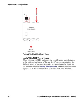 Appendix A — Specifications
152 PX4i and PX6i High Performance Printer User’s Manual
Tickets With Black Mark (Mark Stock)
Media With RFID Tags or Inlays
When printing on RFID media, special consideration must be taken
to the position and shape of the tag. Specific recommendations for
different kinds of Intermec-approved RFID media can be found on
the Intermec web site at www.intermec.com. Additional information
is provided in the documentation that came with your RFID kit.
bc
e
fd
TICKETS
WITH MARKS
FEED
DIRECTION
 