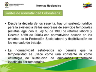 • Desde la década de los sesenta, hay un sustento jurídico
para la existencia de las empresas de servicios temporales
(estatus legal con la Ley 50 de 1990 de reforma laboral y
Decreto 4369 de 2006) con normatividad basada en los
criterios de la Protección Socio-laboral y flexibilización de
los mercado de trabajo.
• La normatividad establecida no permite que la
temporalidad se utilice como una constante ni como
estrategia de sustitución de empleados a término
indefinido por temporales.
Normas Nacionales
Limites de normatividad Colombiana:
 