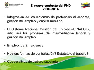 El nuevo contexto del PND
2010-2014
• Integración de los sistemas de protección al cesante,
gestión del empleo y capital humano.
• El Sistema Nacional Gestión del Empleo –SINALGE-,
articulará los procesos de intermediación laboral y
gestión del empleo.
• Empleo de Emergencia
• Nuevas formas de contratación? Estatuto del trabajo?
• Cooperativas de trabajo asociado
 