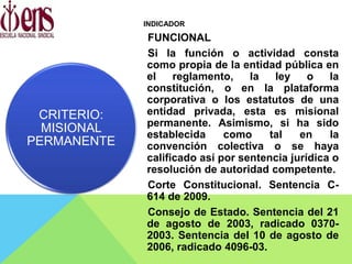 INDICADOR
FUNCIONAL
Si la función o actividad consta
como propia de la entidad pública en
el reglamento, la ley o la
constitución, o en la plataforma
corporativa o los estatutos de una
entidad privada, esta es misional
permanente. Asimismo, si ha sido
establecida como tal en la
convención colectiva o se haya
calificado así por sentencia jurídica o
resolución de autoridad competente.
Corte Constitucional. Sentencia C-
614 de 2009.
Consejo de Estado. Sentencia del 21
de agosto de 2003, radicado 0370-
2003. Sentencia del 10 de agosto de
2006, radicado 4096-03.
CRITERIO:
MISIONAL
PERMANENTE
 