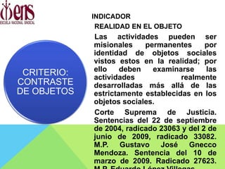 INDICADOR
REALIDAD EN EL OBJETO
Las actividades pueden ser
misionales permanentes por
identidad de objetos sociales
vistos estos en la realidad; por
ello deben examinarse las
actividades realmente
desarrolladas más allá de las
estrictamente establecidas en los
objetos sociales.
Corte Suprema de Justicia.
Sentencias del 22 de septiembre
de 2004, radicado 23063 y del 2 de
junio de 2009, radicado 33082.
M.P. Gustavo José Gnecco
Mendoza. Sentencia del 10 de
marzo de 2009. Radicado 27623.
CRITERIO:
CONTRASTE
DE OBJETOS
 