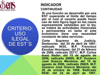 INDICADOR
CONTINUIDAD
Si una función se desarrolló por una
EST superando el límite del tiempo
por el cual el usuario puede hacer
uso de esta figura legal en los casos
expresamente señalados por la ley,
se tratará de actividades misionales
y permanentes en tanto el ente
económico tiene una necesidad
constante de tales servicios.
Corte Suprema de Justicia.
Sentencias del 24 de abril de 1997,
radicado 9435, M.P. Francisco
Escobar Henríquez; del 21 de febrero
de 2006, radicado 25717, M.P. Carlos
Isaac Nader; del 15 de agosto de
2006, radicado 26605, M.P. Gustavo
José Gnecco Mendoza; del 15 de
agosto de 2006, radicado 26605. M.P.
Gustavo José Gnecco Mendoza; del
26 de octubre de 1998. Radicado
6038; del 24 de abril de 1997,
CRITERIO:
USO
ILEGAL
DE EST´S
 