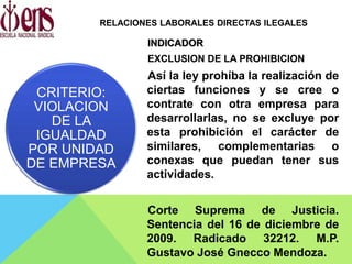 INDICADOR
EXCLUSION DE LA PROHIBICION
Así la ley prohíba la realización de
ciertas funciones y se cree o
contrate con otra empresa para
desarrollarlas, no se excluye por
esta prohibición el carácter de
similares, complementarias o
conexas que puedan tener sus
actividades.
Corte Suprema de Justicia.
Sentencia del 16 de diciembre de
2009. Radicado 32212. M.P.
Gustavo José Gnecco Mendoza.
CRITERIO:
VIOLACION
DE LA
IGUALDAD
POR UNIDAD
DE EMPRESA
RELACIONES LABORALES DIRECTAS ILEGALES
 
