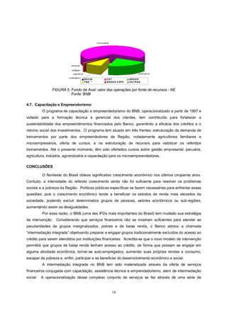 110.212.526,90




                           156.015,93


                            34.968,00

                             1.608.839,18                                                  32.887.830,16

                         13.926.906,43
                                            R EC IN               FAT               B N D ES
                                            FN E *                B N D ES -F GPC   OU T R AS


               FIGURA 5. Fundo de Aval: valor das operações por fonte de recursos - NE
                         Fonte: BNB

4.7. Capacitação e Empreendorismo
          O programa de capacitação e empreendedorismo do BNB, operacionalizado a partir de 1997 e
voltado para a formação técnica e gerencial dos clientes, tem contribuído para fortalecer a
sustentabilidade dos empreendimentos financiados pelo Banco, garantindo a eficácia dos créditos e o
retorno social dos investimentos. O programa tem atuado em três frentes: estruturação da demanda de
treinamentos por parte dos empreendedores da Região, notadamente agricultores familiares e
microempresários, oferta de cursos, e na estruturação de recursos para viabilizar os referidos
treinamentos. Até o presente momento, têm sido ofertados cursos sobre gestão empresarial, pecuária,
agricultura, indústria, agroindústria e capacitação para os microempreendedores.

CONCLUSÕES

          O Nordeste do Brasil obteve significativo crescimento econômico nos últimos cinqüenta anos.
Contudo, a intensidade do referido crescimento ainda não foi suficiente para resolver os problemas
sociais e a pobreza da Região. Políticas públicas específicas se fazem necessárias para enfrentar essas
questões, pois o crescimento econômico tende a beneficiar os estratos de renda mais elevados da
sociedade, podendo excluir determinados grupos de pessoas, setores econômicos ou sub-regiões,
aumentando assim as desigualdades.
          Por essa razão, o BNB (uma das IFDs mais importantes do Brasil) tem mudado sua estratégia
de intervenção. Considerando que serviços financeiros não se mostram suficientes para atender as
peculiaridades de grupos marginalizados, pobres e de baixa renda, o Banco adotou a chamada
“intermediação integrada” objetivando preparar e engajar grupos tradicionalmente excluídos do acesso ao
crédito para serem atendidos por instituições financeiras. Acredita-se que o novo modelo de intervenção
permitirá que grupos de baixa renda tenham acesso ao crédito, de forma que possam se engajar em
alguma atividade econômica, tornar-se auto-empregados, aumentar suas próprias rendas e consumo,
escapar da pobreza e, enfim, participar e se beneficiar do desenvolvimento econômico e social.
          A intermediação integrada no BNB tem sido materializada através da oferta de serviços
financeiros conjugada com capacitação, assistência técnica e emprendedorismo, alem de intermediação
social.   A operacionalização desse complexo conjunto de serviços se faz através de uma série de


                                                                       14
 