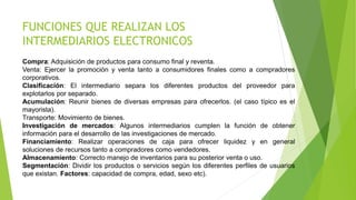 FUNCIONES QUE REALIZAN LOS
INTERMEDIARIOS ELECTRONICOS
Compra: Adquisición de productos para consumo final y reventa.
Venta: Ejercer la promoción y venta tanto a consumidores finales como a compradores
corporativos.
Clasificación: El intermediario separa los diferentes productos del proveedor para
explotarlos por separado.
Acumulación: Reunir bienes de diversas empresas para ofrecerlos. (el caso típico es el
mayorista).
Transporte: Movimiento de bienes.
Investigación de mercados: Algunos intermediarios cumplen la función de obtener
información para el desarrollo de las investigaciones de mercado.
Financiamiento: Realizar operaciones de caja para ofrecer liquidez y en general
soluciones de recursos tanto a compradores como vendedores.
Almacenamiento: Correcto manejo de inventarios para su posterior venta o uso.
Segmentación: Dividir los productos o servicios según los diferentes perfiles de usuarios
que existan. Factores: capacidad de compra, edad, sexo etc).
 