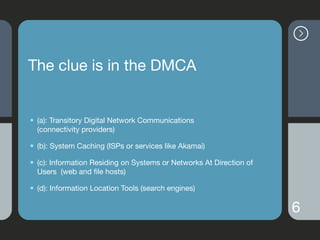 The clue is in the DMCA
• (a): Transitory Digital Network Communications 
(connectivity providers)

• (b): System Caching ...