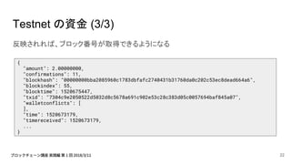 反映されれば、ブロック番号が取得できるようになる
{
"amount": 2.00000000,
"confirmations": 11,
"blockhash": "00000000bba2085960c1783dbfafc2740431b31760da0c202c53ec8dead664a6",
"blockindex": 55,
"blocktime": 1520675447,
"txid": "7304c9e2050522d5032d8c5678a691c902e53c28c383d05c0057694baf845a07",
"walletconflicts": [
],
"time": 1520673179,
"timereceived": 1520673179,
...
}
Testnet の資金 (3/3)
22
 