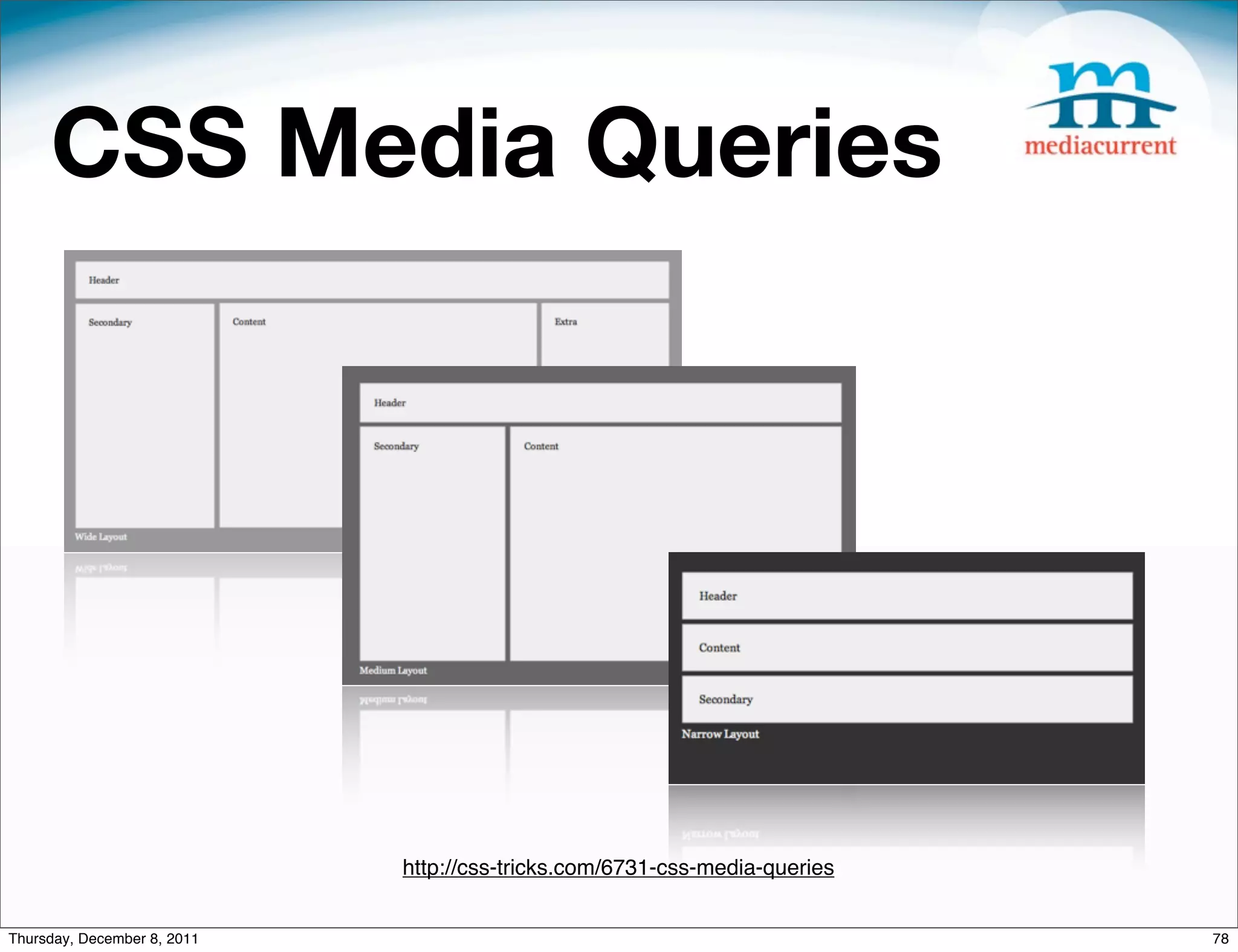 CSS Media Queries http://css-tricks.com/6731-css-media-queries Thursday, December 8, 2011 78 