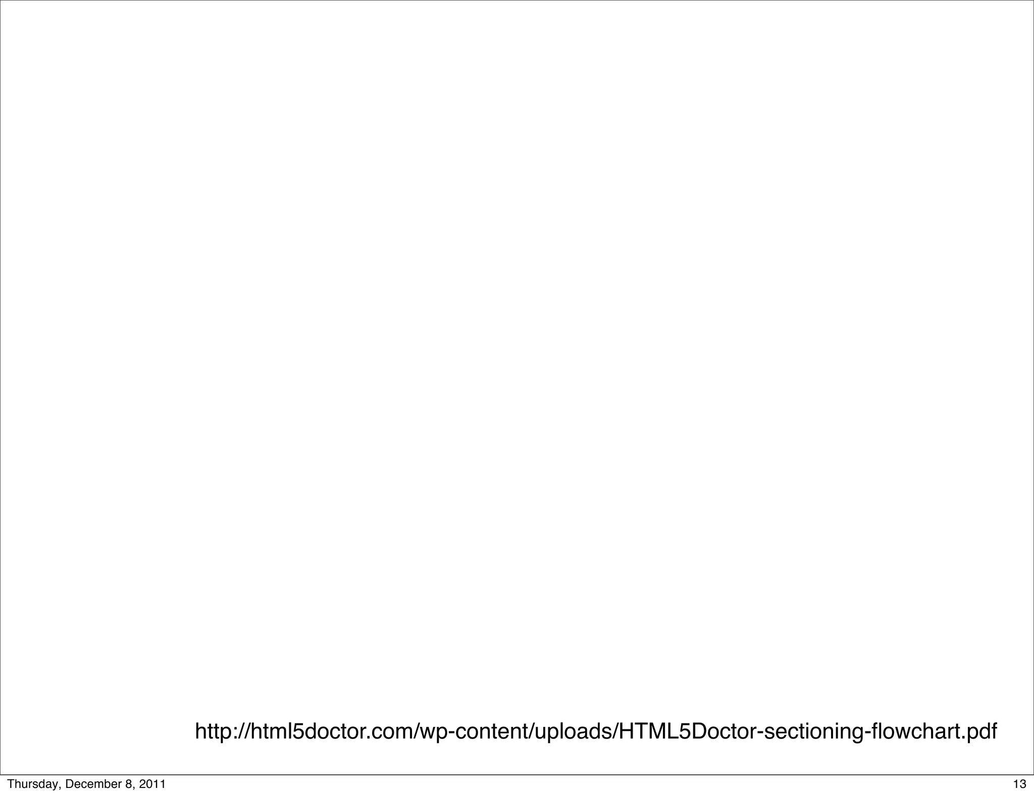 http://html5doctor.com/wp-content/uploads/HTML5Doctor-sectioning-ﬂowchart.pdf Thursday, December 8, 2011 13 