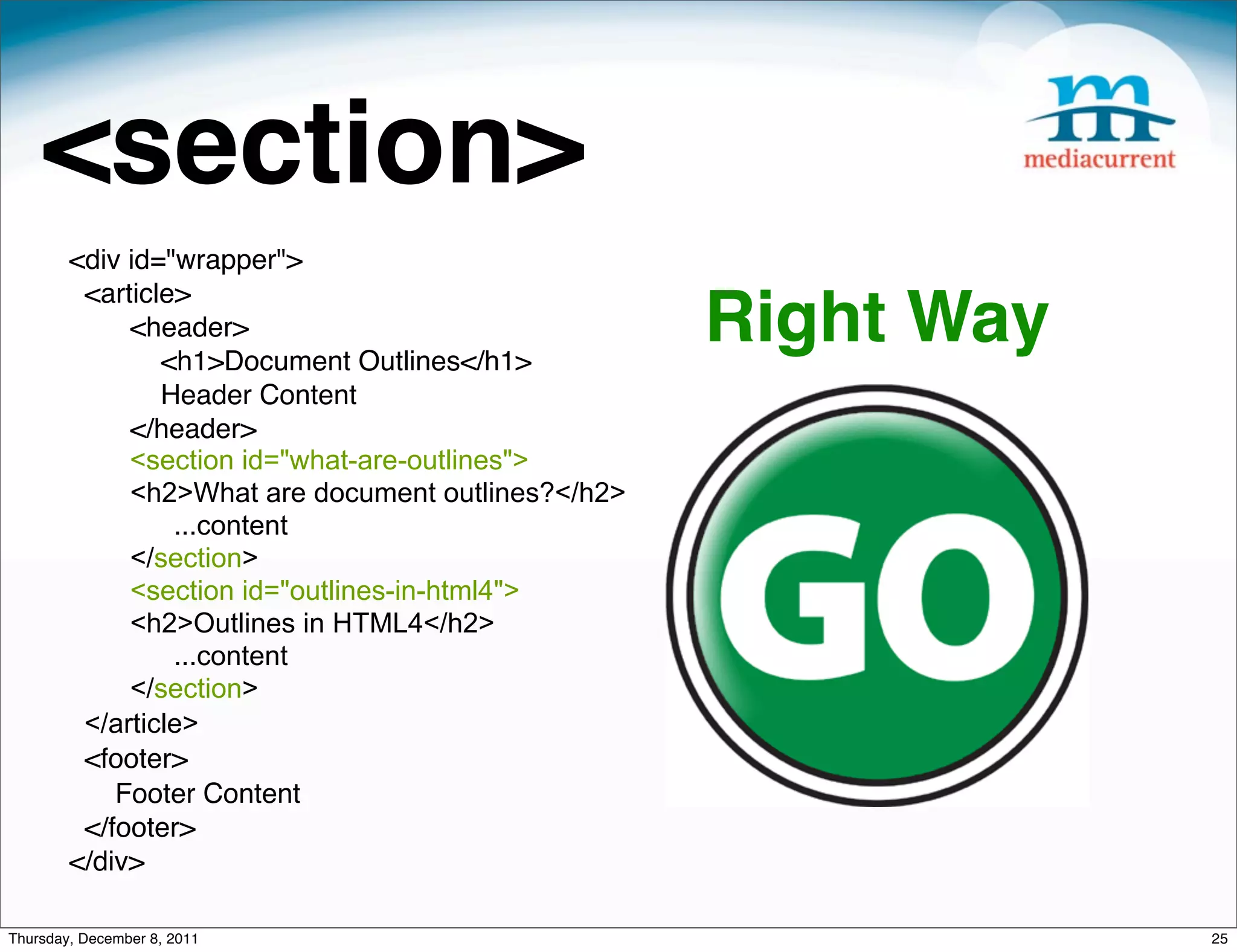 <section> <div id="wrapper"> <article> <header> <h1>Document Outlines</h1> Right Way Header Content </header> <section id="what-are-outlines"> <h2>What are document outlines?</h2> ...content </section> <section id="outlines-in-html4"> <h2>Outlines in HTML4</h2> ...content </section> </article> <footer> Footer Content </footer> </div> Thursday, December 8, 2011 25 