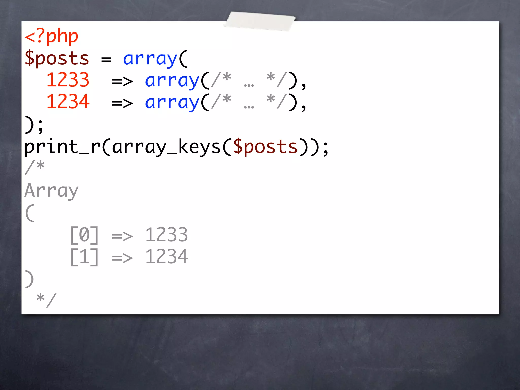 <?php
$posts = array(
   1233 => array(/* … */),
   1234 => array(/* … */),
);
print_r(array_keys($posts));
/*
Array
(
     [0] => 1233
     [1] => 1234
)
  */
 