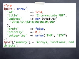 <?php
$post = array(
   'id'           => 1234,
   'title'        => 'Intermediate PHP',
   'updated'      => new DateTime(
      '2010-12-16T18:00:00-05:00'
   ),
   'draft'        => false,
   'priority'     => 0.8,
   'categories' => array('PHP', 'BTV')
);
$post['summary'] = 'Arrays, functions, and
objects';
 
