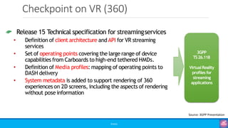 Checkpoint on VR (360)
©3G4G
Source: 3GPP Presentation
Release 15 Technical specification for streamingservices
• Definition of client architecture andAPI for VR streaming
services
• Set of operating points covering the large range of device
capabilities from Carboards to high-end tethered HMDs.
• Definition of Media profiles: mapping of operating points to
DASH delivery
• System metadata is added to support rendering of 360
experiences on 2D screens, including the aspects of rendering
without pose information
3GPP
TS26.118
VirtualReality
profiles for
streaming
applications
 