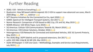 Further Reading
©3G4G
• 3G4G: V2X - Vehicle to Everything (link)
• Qualcomm: How NR based sidelink expands 5G C-V2X to support new advanced use cases, March
2020 (Blog link, PDF link, webinar link)
• NTT Docomo Initiatives for the Connected Car Era, April 2020 (link)
• GSMA: Spectrum for Intelligent Transport Systems, Oct 2017 (link)
• Nomor Research: Comparison of V2X based on 802.11p, LTE and 5G, May 2019 (link)
• NGMN Alliance: V2X White Paper, June 2018 (link)
• 5G Americas: Cellular V2X Communications Towards 5G, March 2018 (link)
• 5G Americas: V2X Cellular Solutions, October 2016 (link)
• Heterogeneous V2X Networks for Connected and Automated Vehicles, IEEE 5G Summit Pretoria,
May 2019 (link)
• The 3G4G Blog: 3GPP Sidelink and its proposed extensions, Oct 2017 (link)
• arXiV: IEEE 802.11bd & 5G NR V2X, Mar 2019 (link)
• 5GAA Whitepaper: C-V2X Use Cases – Methodology, Examples and Service Level Requirements,
July 2019 (link)
 