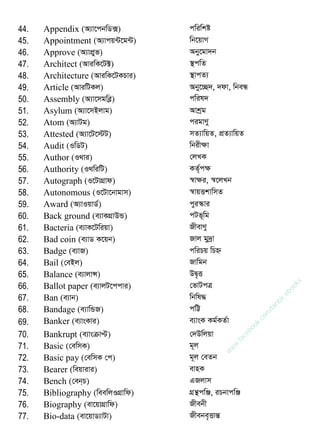 44. Appendix (A¨v‡cbwW·) cwiwkó
45. Appointment (A¨vcq›U‡g›U) wb‡qvM
46. Approve (A¨vcÖyf) Aby‡gv`b
47. Architect (AviwK‡U±) ¯ cwZ
48. Architecture (AviwK‡UKPvi) ¯ vcZ¨
49. Article (AviwUKj) Aby‡”Q`, `dv, wbeÜ
50. Assembly (A¨v‡mgweø) cwil`
51. Asylum (A¨v‡mBjvg) Avkªg
52. Atom (A¨vUg) cigvYy
53. Attested (A¨v‡U‡÷U) mZ¨vwqZ, cÖZ¨vwqZ
54. Audit (IwWU) wbixÿv
55. Author (I_vi) †jLK
56. Authority (I_wiwU) KZ©„cÿ
57. Autograph (I‡UvMÖvd) ¯^vÿi, ¯^‡jLb
58. Autonomous (I‡Uv‡bvgvm) ¯^vqËkvwmZ
59. Award (A¨vIqvW©) cyi¯‥vi
60. Back ground (e¨vKMÖvDÛ) cUf~wg
61. Bacteria (e¨vK‡Uwiqv) RxevYy
62. Bad coin (e¨vW K‡qb) Rvj gy`ªv
63. Badge (e¨vR) cwiPq wPý
64. Bail (†eBj) Rvwgb
65. Balance (e¨vjvÝ) DØ„Ë
66. Ballot paper (e¨vjU‡ccvi) †fvUcÎ
67. Ban (e¨vb) wbwl×
68. Bandage (e¨vwÛR) cwÆ
69. Banker (e¨vsKvi) e¨vsK Kg©KZ©v
70. Bankrupt (e¨vsµvÞ) †`Dwjqv
71. Basic (†ewmK) g~j
72. Basic pay (†ewmK †c) g~j †eZb
73. Bearer (weqvivi) evnK
74. Bench (†eb&P) GRjvm
75. Bibliography (weewjIMÖvwd) MÖš cwÄ, iPbvcwÄ
76. Biography (ev‡qvMÖvwd) Rxebx
77. Bio-data (ev‡qvW¨vUv) Rxebe„ËvšÍ
w
w
w
.facebook.com
/tanbir.ebooks
 