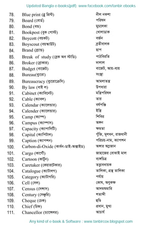 78. Blue print (eøy wcÖ›U) bxj bKkv
79. Board (†evW©) cwil`
80. Bond (eÛ) gyP‡jKv
81. Bookpost (eyK †cv÷) †LvjvWvK
82. Boycott (eqKU) eR©b
83. Boyscout (eq¯‥vDU) eªZxevjK
84. Brand (eª¨vÛ) Qvc
85. Break of study (†eªK Ae ÷vwW) cvVweiwZ
86. Broker (†eªvKvi) `vjvj
87. Budget (ev‡RU) ev‡RU, Avq-e¨q
88. Bureau(ey¨‡iv) ms¯ v
89. Bureaucracy (ey¨‡iv‡µwm) AvgjvZš¿
90. By law (evB j) Dcaviv
91. Cabinet (K¨vwe‡bU) gwš¿cwil`
92. Cable (K¨vej) Zvi
93. Calendar (K¨v‡jÛvi) el©cwÄ
94. Calender (K¨v‡jÛvi) Bw¯¿
95. Camp (K¨v¤ú) wkwei
96. Campus (K¨v¤úvm) A½b
97. Capacity (K¨vcvwmwU) ÿgZv
98. Capital (K¨vwcUvj) cuywR, g~jab, ivRavbx
99. Caption (K¨vckb) cwiPq-bvg, K¨vckb
100. Carbon-di-Oxide (Kve©b-WvB-A·vBW) A½vi A¤øRvb
101. Cargo (Kv‡M©․) Rvnv‡Ri †evSvB gvj
102. Cartoon (KvU©yb) e¨½wPÎ
103. Caretaker (†Kqvi‡UKvi) ZË¡veavqK
104. Catalogue (K¨vUvjM) ZvwjKv, MÖš  ZvwjKv
105. Category (K¨vUvMwi) ch©vq
106. Cell (†mj) †Kvl, AYyKÿ
107. Census (†mÝvm) Av`gïgvwi
108. Century (†mÂzwi) kZvãx
109. Cheque (†PK) ûwÐ
110. Chief (wPd) cÖavb, gyL¨
111. Chancellor (P¨v‡Ýji) AvPvh©
Updated Bangla e-books(pdf): www.facebook.com/tanbir.ebooks
Any kind of e-book & Software : www.tanbircox.blogspot.com
 