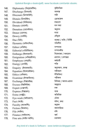 146. Diplomatic (wW‡cøv‡gwUK) K‚U‣bwZK
147. Discharge (wWmPvR©) eiLv¯Í
148. Discount (wWmKvD›U) evÆv
149. Distain (wWm‡UBb) †µvK/Rã
150. Dividend (wWwf‡WÛ) jf¨vsk
151. Donate (†Wv‡bU) `vb Kiv
152. Donation (†Wv‡bBkb) Aby`vb
153. Donor (†Wvbvi) `vZv
154. Dowry (WvDwi) †h․ZzK
155. Due (wWD) e‡Kqv / evwK / wbw`©ó
156. Dynamic (WvBb¨vwgK) MwZkxj
157. Editor (GwWUi) m¤úv`K
158. Editorial (GwWUwiqvj) m¤úv`Kxq
159. Embargo (Bgevi‡M․) wb‡lavÁv / Ae‡iva
160. Emigration (Gwg‡MÖBkb) cÖevmb / †`kvšÍi
161. Employee (Ggcøwq) Kg©Pvix
162. Energy (GbvwR©) kw³
163. Enquiry (Bb‡Kvqvwi) AbymÜvb, Z`šÍ
164. Equation (B‡Kv‡qBRb) mgxKiY
165. Ethics (Gw_K&m) bxwZwe`¨v
166. Examinar (BMRvwgbvi) cixÿK
167. Exchange (B·‡PBÄ) wewbgq / Av`vb-cÖ`vb
168. Excuse (B·wKDR) ARynvZ
169. Expert (G·cvU©) `ÿ
170. Express (B·‡cÖm&) e¨³
171. Extra (G·Uªv) AwZwi³
172. Eye-wash (AvBIqvk) †auvKv
173. Fact (d¨v±) NUbv, Z_¨
174. Faculty (d¨vKvwë) Abyl`
175. Fiction (wdKkb) K_vmvwnZ¨
176. File (dvBj) bw_
177. Finance (dvBb¨vÝ) A_©
178. Fine arts (dvBb AvU©m) PviæKjv
Updated Bangla e-books(pdf): www.facebook.com/tanbir.ebooks
Any kind of e-book & Software : www.tanbircox.blogspot.com
 