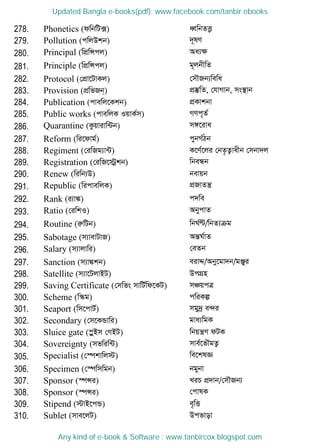 278. Phonetics (dwbwU·) aŸwbZË¡
279. Pollution (cwjDkb) `~lY
280. Principal (wcÖwÝcj) Aa¨ÿ
281. Principle (wcÖwÝcj) g~jbxwZ
282. Protocol (†cÖv‡UvKj) †m․Rb¨wewa
283. Provision (cÖwfRb&) cÖ¯‧wZ, †hvMvb, ms¯ vb
284. Publication (cvewj‡Kkb) cÖKvkbv
285. Public works (cvewjK IqvK©m) MYc~Z©
286. Quarantine (Kzqvivw›Ub) m½‡iva
287. Reform (wi‡dvg©) cybM©Vb
288. Regiment (†iwRg¨v›U) K‡Y©‡ji †bZ…Z¡vaxb †mbv`j
289. Registration (†iwR‡÷ªkb) wbeÜb
290. Renew (wiwb¨D) bevqb
291. Republic (wicvewjK) cÖRvZš¿
292. Rank (i¨v¼) c`we
293. Ratio (†iwkI) AbycvZ
294. Routine (iæwUb) wbN©È/wbZ¨µg
295. Sabotage (m¨vevUvR) AšÍN©vZ
296. Salary (m¨vjvwi) †eZb
297. Sanction (m¨v¼kb) eivÏ/Aby‡gv`b/gÄyi
298. Satellite (m¨v‡UjvBU) DcMÖn
299. Saving Certificate (†mwfs mvwU©wd‡KU) mÂqcÎ
300. Scheme (w¯‥g) cwiKí
301. Seaport (wm‡cvU©) mgy`ª e›`i
302. Secondary (†m‡KÛvwi) gva¨wgK
303. Sluice gate (¯øyBm †MBU) wbqš¿Y dUK
304. Sovereignty (mfwiw›U) mve©‡f․gZ¡
305. Specialist (†¯úkvwj÷) we‡klÁ
306. Specimen (†¯úwmwgb) bgybv
307. Sponsor (¯úÝi) LiP cÖ`vb/†m․Rb¨
308. Sponsor (¯úÝi) †cvlK
309. Stipend (÷vB‡cÛ) e„wË
310. Sublet (mve‡jU) Dcfvov
Updated Bangla e-books(pdf): www.facebook.com/tanbir.ebooks
Any kind of e-book & Software : www.tanbircox.blogspot.com
 