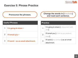 8
Change the words in [brackets]
and read each sentence.
Practice
1
I’m going to share [a document with
you].
2
I’ll email you [a link to our product
page].
3
I’ll send [the contract] as an email
attachment.
Pronounce the phrases.
Useful Phrases
1 I’m going to share ~
2 I’ll email you ~
3 I’ll send ~ as an email attachment.
 　Exercise 5: Phrase Practice
 