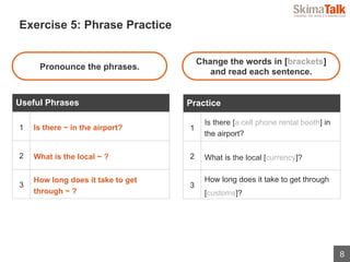 8
Change the words in [brackets]
and read each sentence.
Practice
1
Is there [a cell phone rental booth] in
the airport?
2 What is the local [currency]?
3
How long does it take to get through
[customs]?
Pronounce the phrases.
Useful Phrases
1 Is there ~ in the airport?
2 What is the local ~ ?
3
How long does it take to get
through ~ ?
 　Exercise 5: Phrase Practice
 