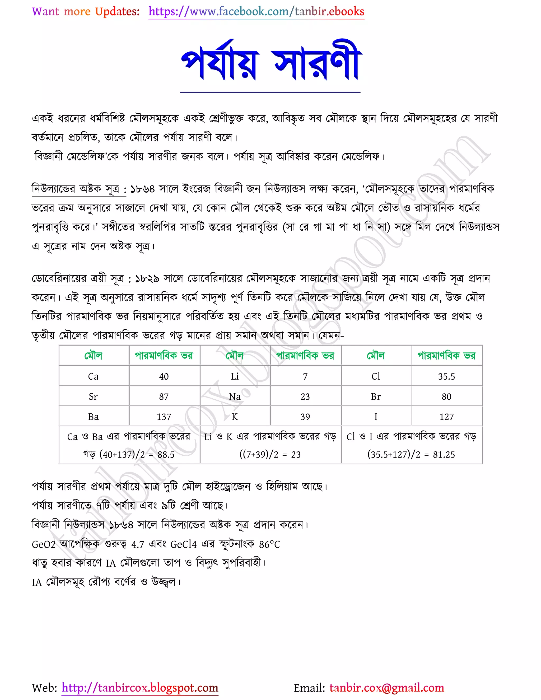 Web: Email:
঩মো৞ ঳াযণী
এওই ধযর্নয ধভেরফর঱ষ্ট্ যভৌর঳ভূ঴র্ও এওই যশ্রণীবু ত ওর্য, আরফষ্কৃ ত ঳ফ যভৌরর্ও স্থান রদর্৞ যভৌর঳ভূ঴র্঴য যম ঳াযণী
ফতেভার্ন প্রঘররত, তার্ও যভৌর্রয ঩মো৞ ঳াযণী ফর্র।
রফজ্ঞানী যভর্ন্ডররপ’যও ঩মো৞ ঳াযণীয চনও ফর্র। ঩মো৞ ঳ূত্র আরফষ্কায ওর্যন যভর্ন্ডররপ।
রনউরযার্ন্ডয অষ্ট্ও ঳ূত্র : ১৮৬৪ ঳ার্র ইাংর্যচ রফজ্ঞানী চন রনউরযান্ড঳ রক্ষয ওর্যন, ‘যভৌর঳ভূ঴র্ও তার্দয ঩াযভাণরফও
বর্যয িভ অনু঳ার্য ঳াচার্র যদঔা মা৞, যম যওান যভৌর যথর্ওই শুরু ওর্য অষ্ট্ভ যভৌর্র যবৌত ঑ যা঳া৞রনও ধর্ভেয
঩ুনযাফৃরত ওর্য।’ ঳েীর্তয স্বযররর঩য ঳াতরট স্তর্যয ঩ুনযাফৃৃ্রতয (঳া যয কা ভা ঩া ধা রন ঳া) ঳র্ে রভর যদর্ঔ রনউরযান্ড঳
এ ঳ূর্ত্রয নাভ যদন অষ্ট্ও ঳ূত্র।
যিার্ফরযনার্৞য ত্র৞ী ঳ূত্র : ১৮২৯ ঳ার্র যিার্ফরযনার্৞য যভৌর঳ভূ঴র্ও ঳াচার্নায চনয ত্র৞ী ঳ূত্র নার্ভ এওরট ঳ূত্র প্রদান
ওর্যন। এই ঳ূত্র অনু঳ার্য যা঳া৞রনও ধর্ভে ঳াদৃ঱য ঩ূণে রতনরট ওর্য যভৌরর্ও ঳ারচর্৞ রনর্র যদঔা মা৞ যম, উত যভৌর
রতনরটয ঩াযভাণরফও বয রন৞ভানু঳ার্য ঩রযফরতেত ঴৞ এফাং এই রতনরট যভৌর্রয ভধযভরটয ঩াযভাণরফও বয প্রথভ ঑
তৃতী৞ যভৌর্রয ঩াযভাণরফও বর্যয কড় ভার্নয প্রা৞ ঳ভান অথফা ঳ভান। যমভন-
যভৌর ঩াযভাণরফও বয যভৌর ঩াযভাণরফও বয যভৌর ঩াযভাণরফও বয
Ca 40 Li 7 Cl 35.5
Sr 87 Na 23 Br 80
Ba 137 K 39 I 127
Ca ঑ Ba এয ঩াযভাণরফও বর্যয
কড় (40+137)/2 = 88.5
Li ঑ K এয ঩াযভাণরফও বর্যয কড়
((7+39)/2 = 23
Cl ঑ I এয ঩াযভাণরফও বর্যয কড়
(35.5+127)/2 = 81.25
঩মো৞ ঳াযণীয প্রথভ ঩মোর্৞ ভাত্র দুরট যভৌর ঴াইর্রার্চন ঑ র঴রর৞াভ আর্ঙ।
঩মো৞ ঳াযণীর্ত ৭রট ঩মো৞ এফাং ৯রট যশ্রণী আর্ঙ।
রফজ্ঞানী রনউরযান্ড঳ ১৮৬৪ ঳ার্র রনউরযার্ন্ডয অষ্ট্ও ঳ূত্র প্রদান ওর্যন।
GeO2 আর্঩রক্ষও গুরুত্ব 4.7 এফাং GeCl4 এয স্ফু টনাাংও 86°C
ধাতু ঴ফায ওাযর্ণ IA যভৌরগুর্রা তা঩ ঑ রফদুযৎ ঳ু঩রযফা঴ী।
IA যভৌর঳ভূ঴ যযৌ঩য ফর্ণেয ঑ উজ্জ্বর।
 