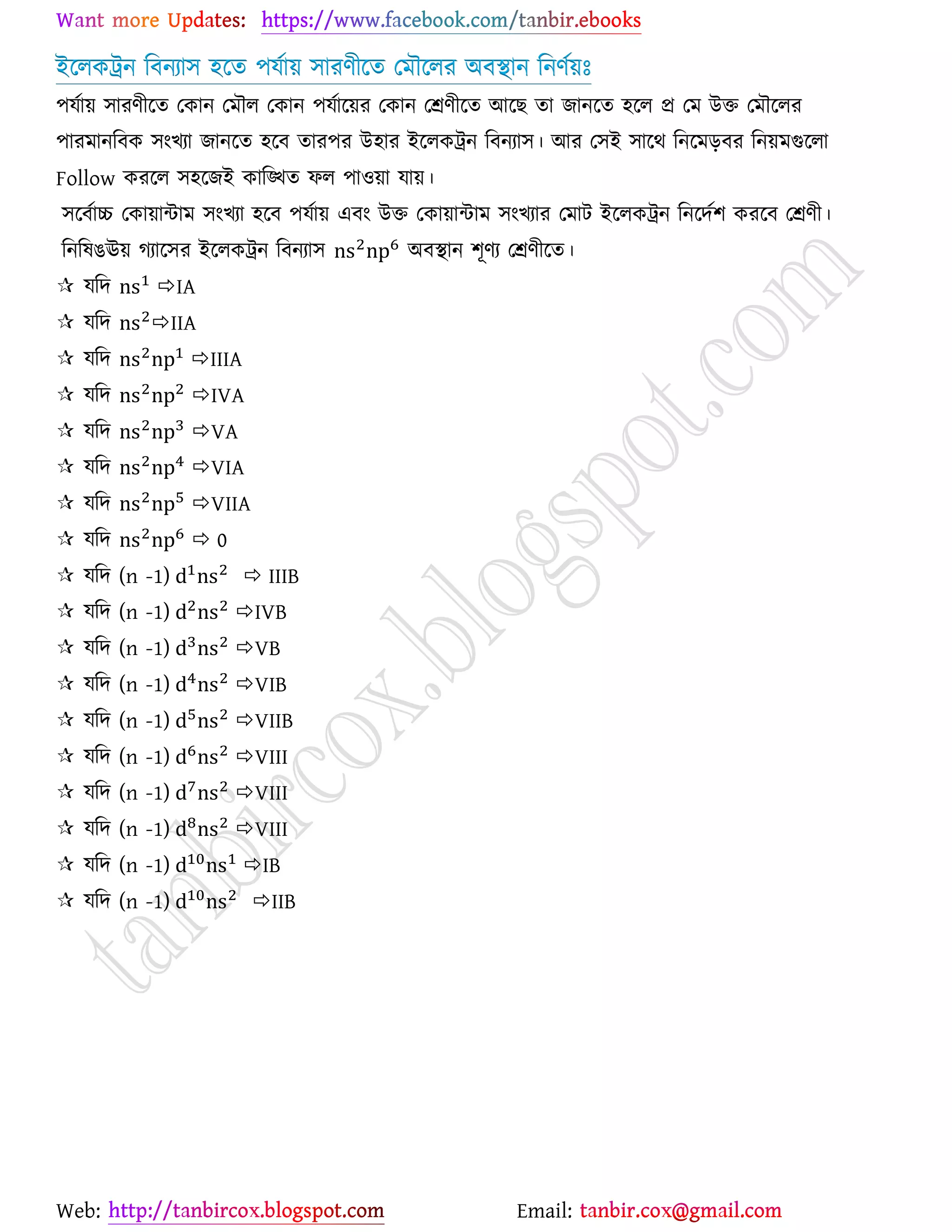 Web: Email:
ইর্রওট্রন রফনযা঳ ঴র্ত ঩মো৞ ঳াযণীর্ত যভৌর্রয অফস্থান রনণে৞ঃ
঩মো৞ ঳াযণীর্ত যওান যভৌর যওান ঩মোর্৞য যওান যশ্রণীর্ত আর্ঙ তা চানর্ত ঴র্র প্র যভ উত যভৌর্রয
঩াযভানরফও ঳াংঔযা চানর্ত ঴র্ফ তায঩য উ঴ায ইর্রওট্রন রফনযা঳। আয য঳ই ঳ার্থ রনর্ভড়ফয রন৞ভগুর্রা
Follow ওযর্র ঳঴র্চই ওারিত পর ঩া঑৞া মা৞।
঳র্ফোচ্চ যওা৞ান্টাভ ঳াংঔযা ঴র্ফ ঩মো৞ এফাং উত যওা৞ান্টাভ ঳াংঔযায যভাট ইর্রওট্রন রনর্দে঱ ওযর্ফ যশ্রণী।
রনরলগঊ৞ কযার্঳য ইর্রওট্রন রফনযা঳ অফস্থান ঱ূণয যশ্রণীর্ত।
 মরদ IA
 মরদ IIA
 মরদ IIIA
 মরদ IVA
 মরদ VA
 মরদ VIA
 মরদ VIIA
 মরদ  0
 মরদ (n -1)  IIIB
 মরদ (n -1) IVB
 মরদ (n -1) VB
 মরদ (n -1) VIB
 মরদ (n -1) VIIB
 মরদ (n -1) VIII
 মরদ (n -1) VIII
 মরদ (n -1) VIII
 মরদ (n -1) IB
 মরদ (n -1) IIB
 
