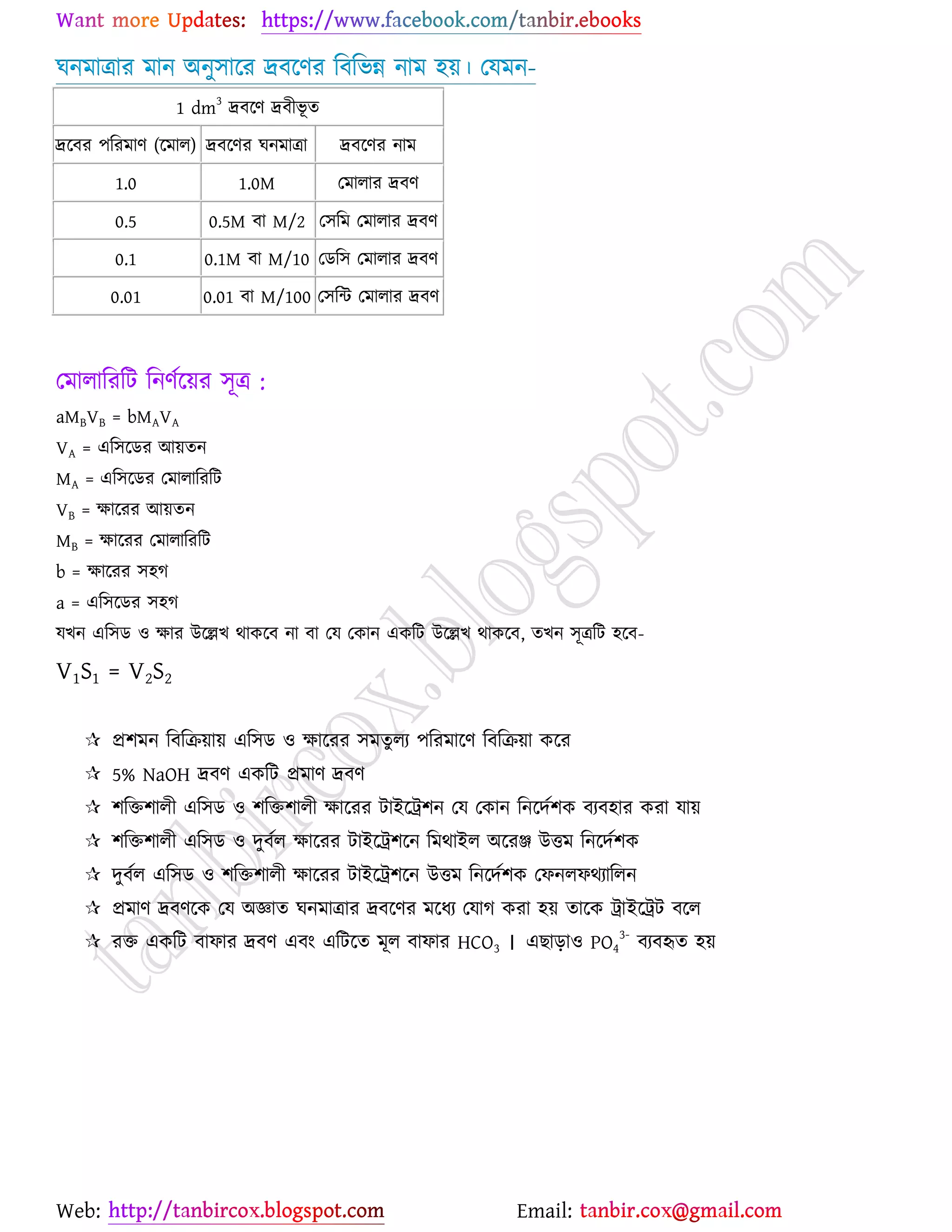 Web: Email:
খনভাত্রায ভান অনু঳ার্য দ্রফর্ণয রফরবন্ন নাভ ঴৞। যমভন-
1 dm
3
দ্রফর্ণ দ্রফীবূ ত
দ্রর্ফয ঩রযভাণ (র্ভার) দ্রফর্ণয খনভাত্রা দ্রফর্ণয নাভ
1.0 1.0M যভারায দ্রফণ
0.5 0.5M ফা M/2 য঳রভ যভারায দ্রফণ
0.1 0.1M ফা M/10 যির঳ যভারায দ্রফণ
0.01 0.01 ফা M/100 য঳রন্ট যভারায দ্রফণ
যভারারযরট রনণের্৞য ঳ূত্র :
aMBVB = bMAVA
VA = এর঳র্িয আ৞তন
MA = এর঳র্িয যভারারযরট
VB = ক্ষার্যয আ৞তন
MB = ক্ষার্যয যভারারযরট
b = ক্ষার্যয ঳঴ক
a = এর঳র্িয ঳঴ক
মঔন এর঳ি ঑ ক্ষায উর্েঔ থাওর্ফ না ফা যম যওান এওরট উর্েঔ থাওর্ফ, তঔন ঳ূত্ররট ঴র্ফ-
V1S1 = V2S2
 প্র঱ভন রফরি৞া৞ এর঳ি ঑ ক্ষার্যয ঳ভতুরয ঩রযভার্ণ রফরি৞া ওর্য
 5% NaOH দ্রফণ এওরট প্রভাণ দ্রফণ
 ঱রত঱ারী এর঳ি ঑ ঱রত঱ারী ক্ষার্যয টাইর্ট্র঱ন যম যওান রনর্দে঱ও ফযফ঴ায ওযা মা৞
 ঱রত঱ারী এর঳ি ঑ দুফের ক্ষার্যয টাইর্ট্র঱র্ন রভথাইর অর্যঞ্জ উতভ রনর্দে঱ও
 দুফের এর঳ি ঑ ঱রত঱ারী ক্ষার্যয টাইর্ট্র঱র্ন উতভ রনর্দে঱ও যপনরপথযাররন
 প্রভাণ দ্রফণর্ও যম অজ্ঞাত খনভাত্রায দ্রফর্ণয ভর্ধয যমাক ওযা ঴৞ তার্ও ট্রাইর্ট্রট ফর্র
 যত এওরট ফাপায দ্রফণ এফাং এরটর্ত ভূর ফাপায HCO3 । এঙাড়া঑ PO4
3-
ফযফহৃত ঴৞
 