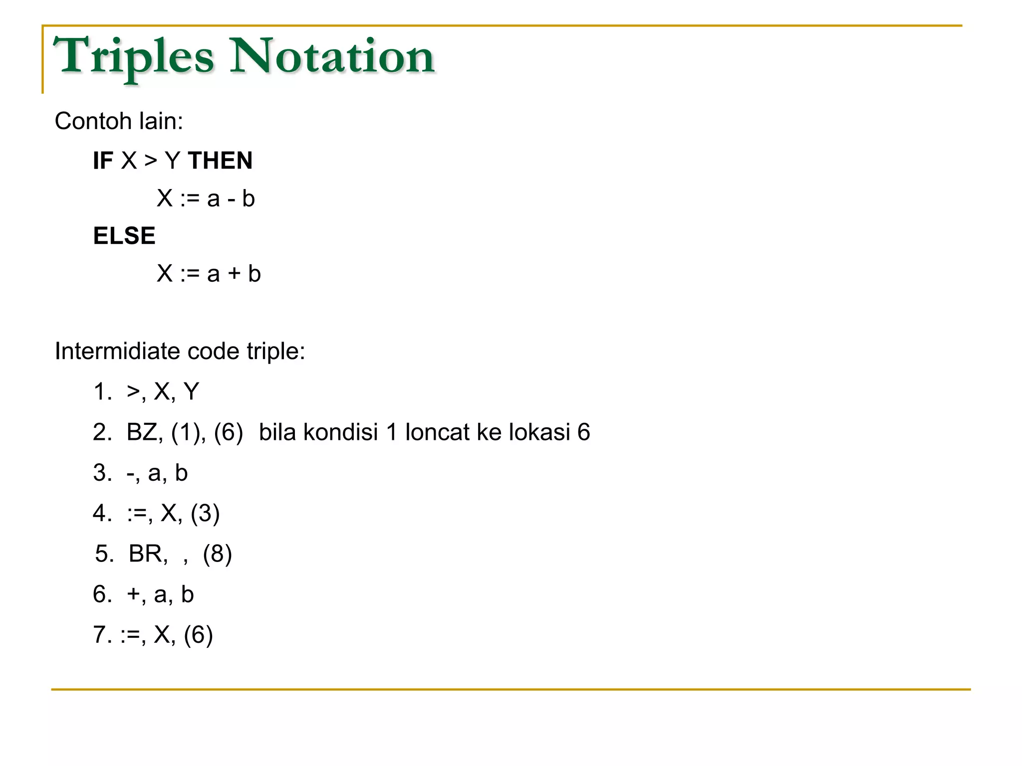 Triples Notation
Contoh lain:
IF X > Y THEN
X := a - b
ELSE
X := a + b
Intermidiate code triple:
1. >, X, Y
2. BZ, (1), (6) bila kondisi 1 loncat ke lokasi 6
3. -, a, b
4. :=, X, (3)
5. BR, , (8)
6. +, a, b
7. :=, X, (6)
 