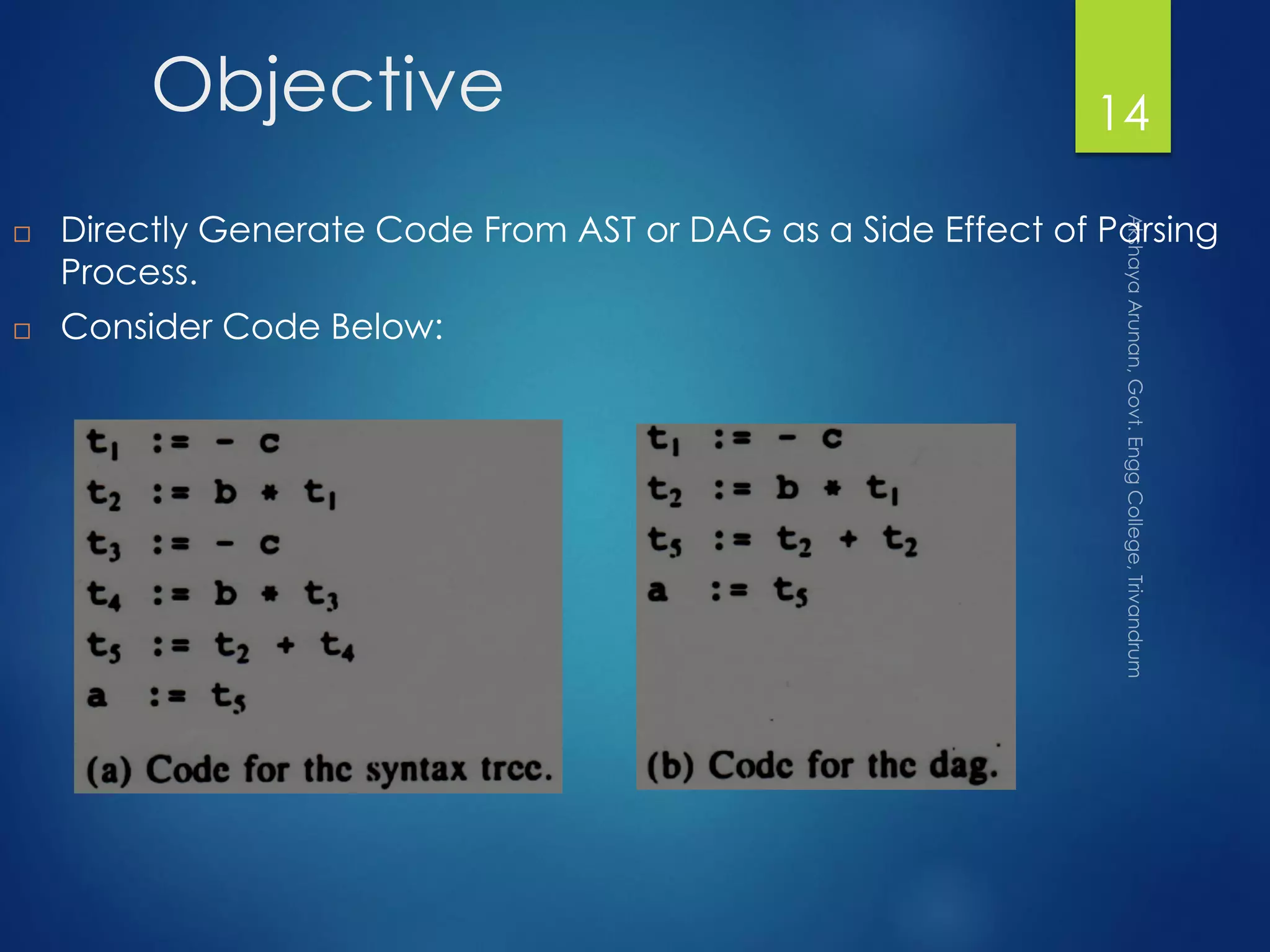 Objective
 Directly Generate Code From AST or DAG as a Side Effect of Parsing
Process.
 Consider Code Below:
14
 