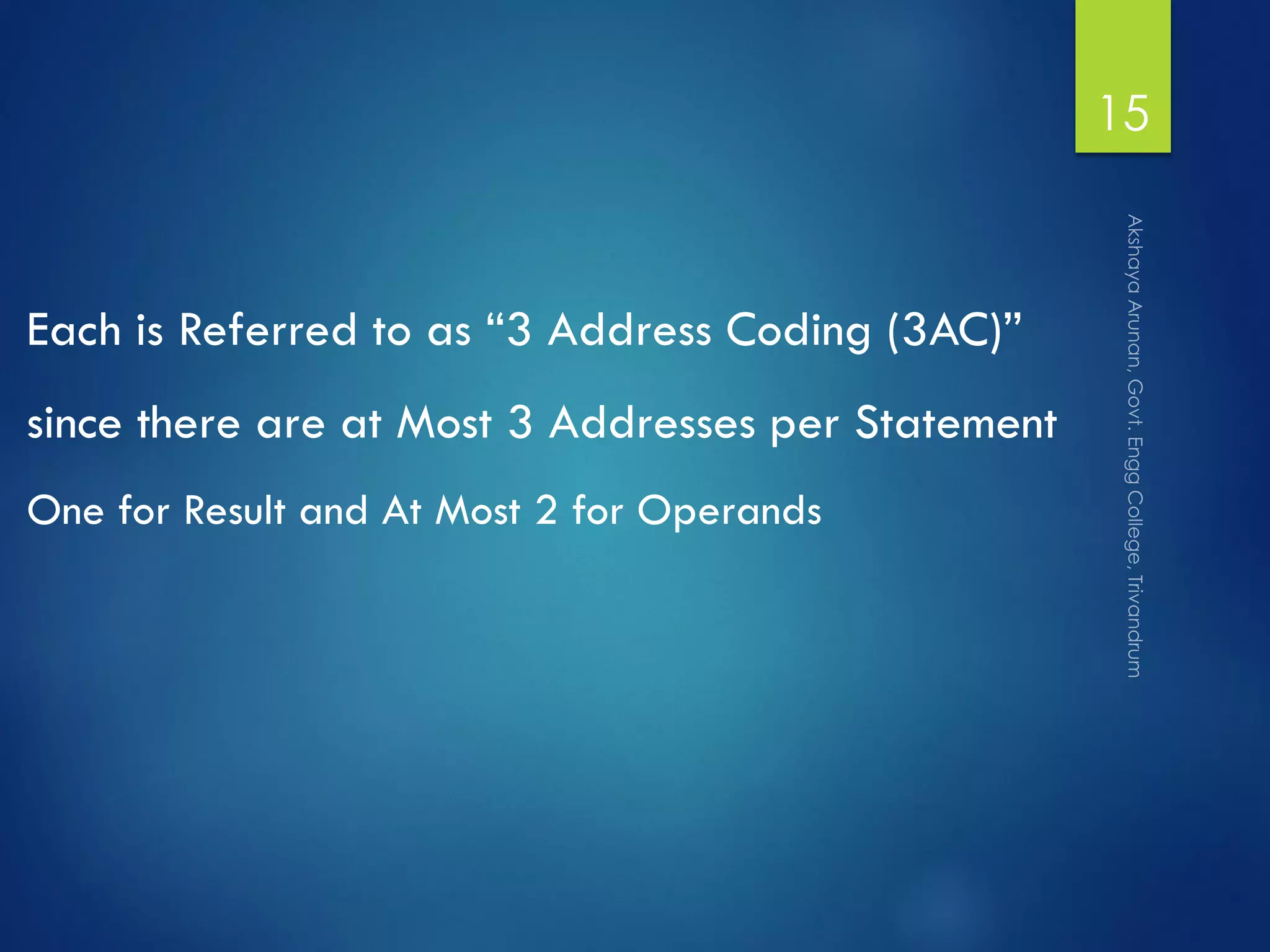 Each is Referred to as “3 Address Coding (3AC)”
since there are at Most 3 Addresses per Statement
One for Result and At Most 2 for Operands
15
 