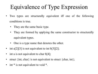 Equivalence of Type Expression
• Two types are structurally equivalent iff one of the following
conditions is true.
• They are the same basic type.
• They are formed by applying the same constructor to structurally
equivalent types.
• One is a type name that denotes the other.
• int a[2][3] is not equivalent to int b[3][2];
• int a is not equivalent to char b[4];
• struct {int, char} is not equivalent to struct {char, int};
• int * is not equivalent to void *.
 