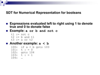 SDT for Numerical Representation for booleans
 Expressions evaluated left to right using 1 to denote
true and 0 to donate false
 Example: a or b and not c
t1 := not c
t2 := b and t1
t3 := a or t2
 Another example: a < b
100: if a < b goto 103
101: t : = 0
102: goto 104
103: t : = 1
104: …
 