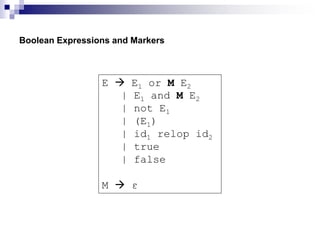 Boolean Expressions and Markers
E  E1 or M E2
| E1 and M E2
| not E1
| (E1)
| id1 relop id2
| true
| false
M  ε
 