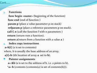 Cont.….
3. Functions
func begin <name> (beginning of the function)
func end (end of function )
param p (place a value parameter p on stack)
refparam p (place a reference parameters p on stack).
call f, n (call the function f with n parameters )
return (return rom a function).
return a(return from a function with a value a )
4. Index copy instructions
a=b[i] (a is set to contents)
where, b is usually the base address of an array.
a[i]=b (ith location of array a set to b).
 Pointer assignments
a= &b (a is set to the address of b, i.e. a points to b).
*a= b (contents (contents(a) is set of contents(b))).
 
