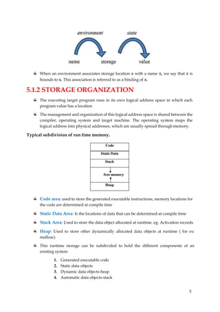 5
When an environment associates storage location s with a name x, we say that x is
bounds to s. This association is referred to as a binding of x.
5.1.2 STORAGE ORGANIZATION
The executing target program runs in its own logical address space in which each
program value has a location
The management and organization of this logical address space is shared between the
compiler, operating system and target machine. The operating system maps the
logical address into physical addresses, which are usually spread through memory.
Typical subdivision of run time memory.
Code area: used to store the generated executable instructions, memory locations for
the code are determined at compile time
Static Data Area: Is the locations of data that can be determined at compile time
Stack Area: Used to store the data object allocated at runtime. eg. Activation records
Heap: Used to store other dynamically allocated data objects at runtime ( for ex:
malloac)
This runtime storage can be subdivided to hold the different components of an
existing system
1. Generated executable code
2. Static data objects
3. Dynamic data objects-heap
4. Automatic data objects-stack
 