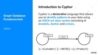© 2022 Neo4j, Inc. All rights reserved.
Graph Database
Fundamentals
Cypher
Introduction to Cypher
Cypher is a declarative language that allows
you to identify patterns in your data using
an ASCII-art style syntax consisting of
brackets, dashes and arrows.
Product
RATED
Customer
(c:Customer)-[r:RATED]->(p:Product)
 