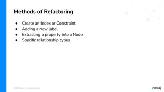 © 2022 Neo4j, Inc. All rights reserved.
● Create an Index or Constraint
● Adding a new label
● Extracting a property into a Node
● Speciﬁc relationship types
Methods of Refactoring
 