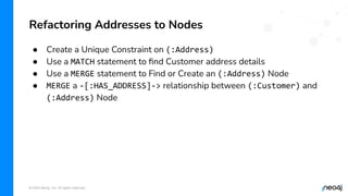 © 2022 Neo4j, Inc. All rights reserved.
● Create a Unique Constraint on (:Address)
● Use a MATCH statement to ﬁnd Customer address details
● Use a MERGE statement to Find or Create an (:Address) Node
● MERGE a -[:HAS_ADDRESS]-> relationship between (:Customer) and
(:Address) Node
Refactoring Addresses to Nodes
 