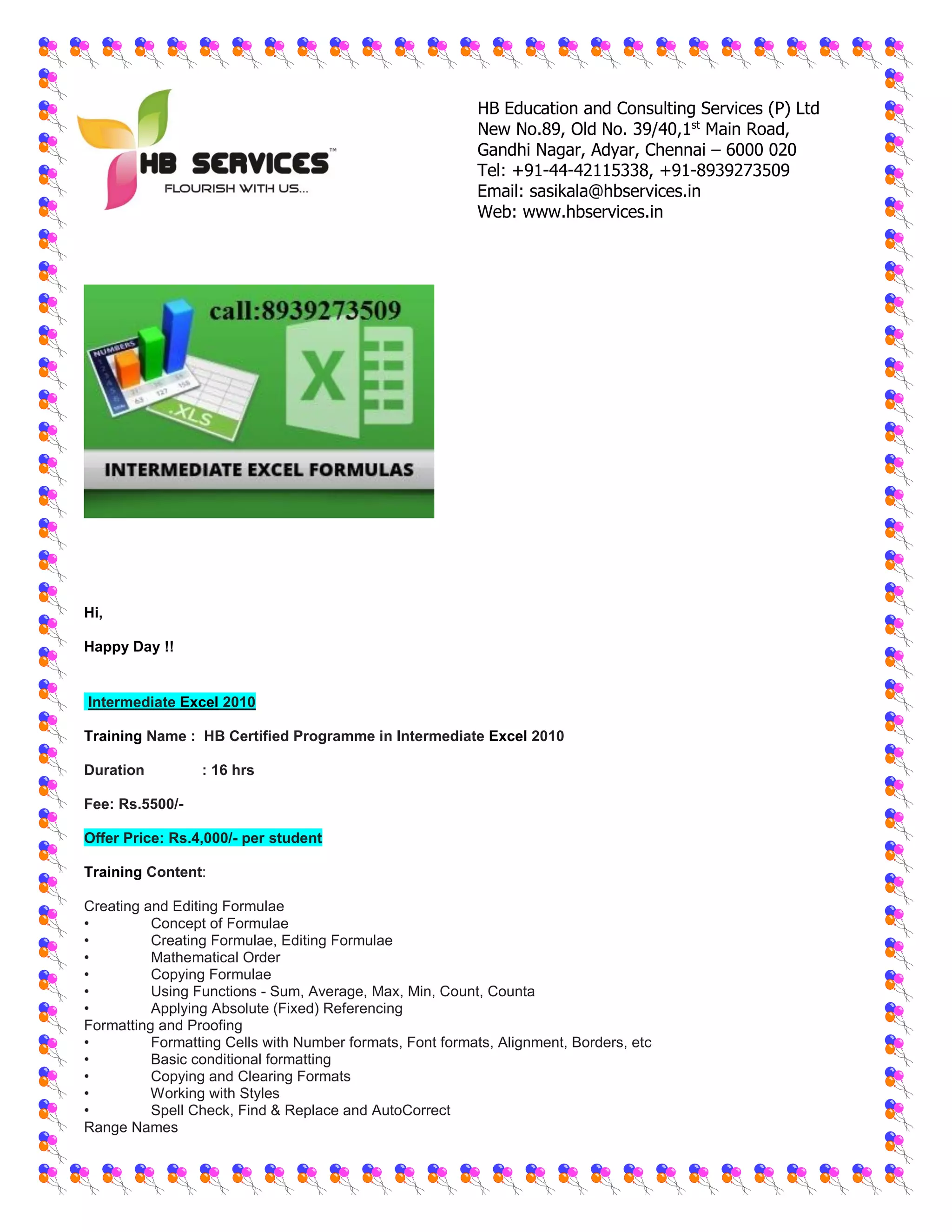 Intermediate excel training centre in adyar pdf