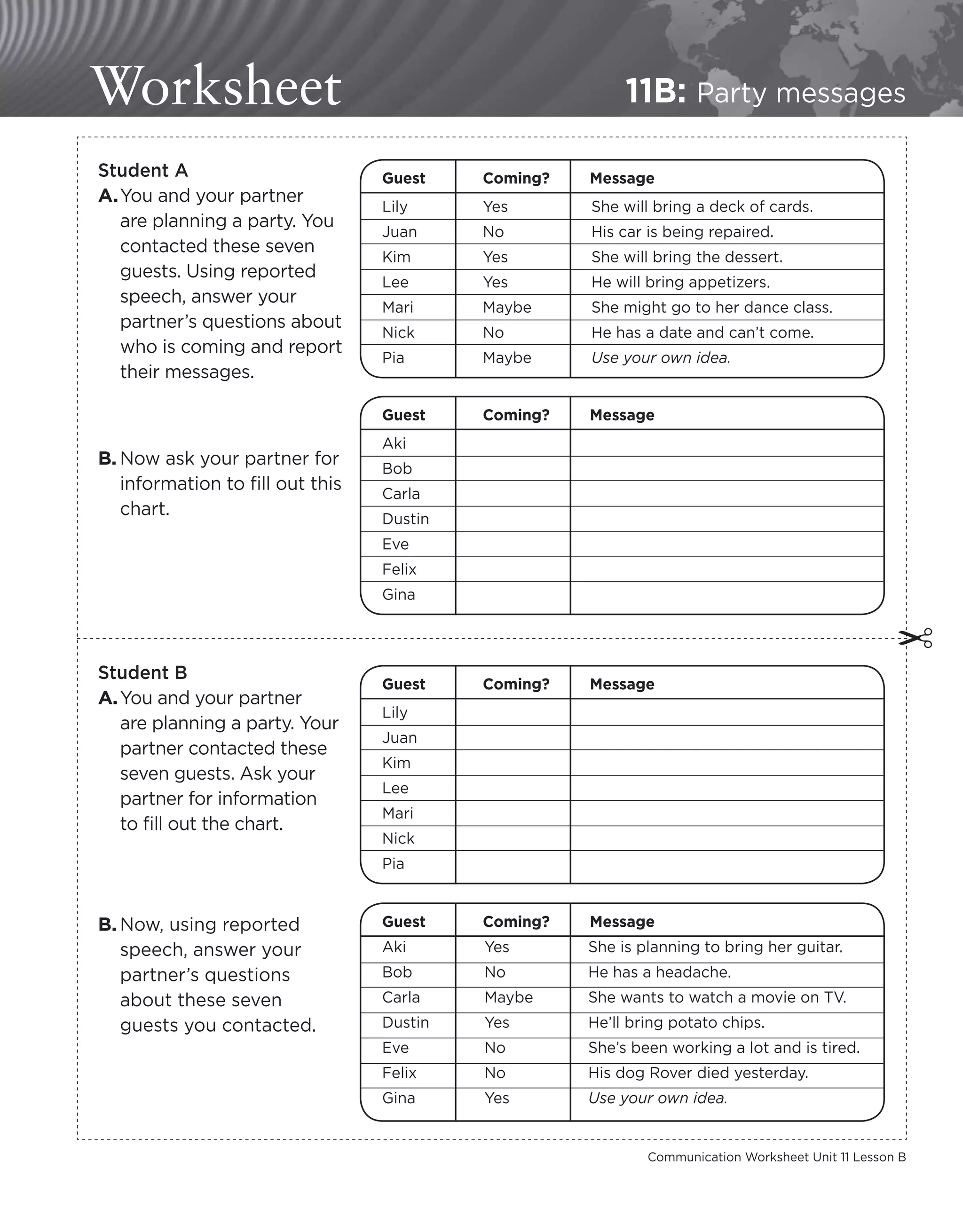 11B: Party messages
Worksheet
Communication Worksheet Unit 11 Lesson B
✂
Student A
A.	
You and your partner
are planning a party. You
contacted these seven
guests. Using reported
speech, answer your
partner’s questions about
who is coming and report
their messages.
B.	Now ask your partner for
information to fill out this
chart.
Guest	 Coming?	Message
Lily	 Yes	 She will bring a deck of cards.
Juan	 No	 His car is being repaired.
Kim	 Yes	 She will bring the dessert.
Lee	 Yes	 He will bring appetizers.
Mari	 Maybe	 She might go to her dance class.
Nick	 No	 He has a date and can’t come.
Pia	Maybe	
Use your own idea.
Guest	 Coming?	Message
Aki
Bob
Carla
Dustin
Eve
Felix
Gina
Student B
A.	You and your partner
are planning a party. Your
partner contacted these
seven guests. Ask your
partner for information
to fill out the chart.
B.	Now, using reported
speech, answer your
partner’s questions
about these seven
guests you contacted.
Guest	 Coming?	Message
Lily
Juan
Kim
Lee
Mari
Nick
Pia
Guest	 Coming?	Message
Aki	 Yes	 She is planning to bring her guitar.
Bob	 No	 He has a headache.
Carla	 Maybe	 She wants to watch a movie on TV.
Dustin	 Yes	 He’ll bring potato chips.
Eve	 No	 She’s been working a lot and is tired.
Felix	 No	 His dog Rover died yesterday.
Gina	Yes	 Use your own idea.
 