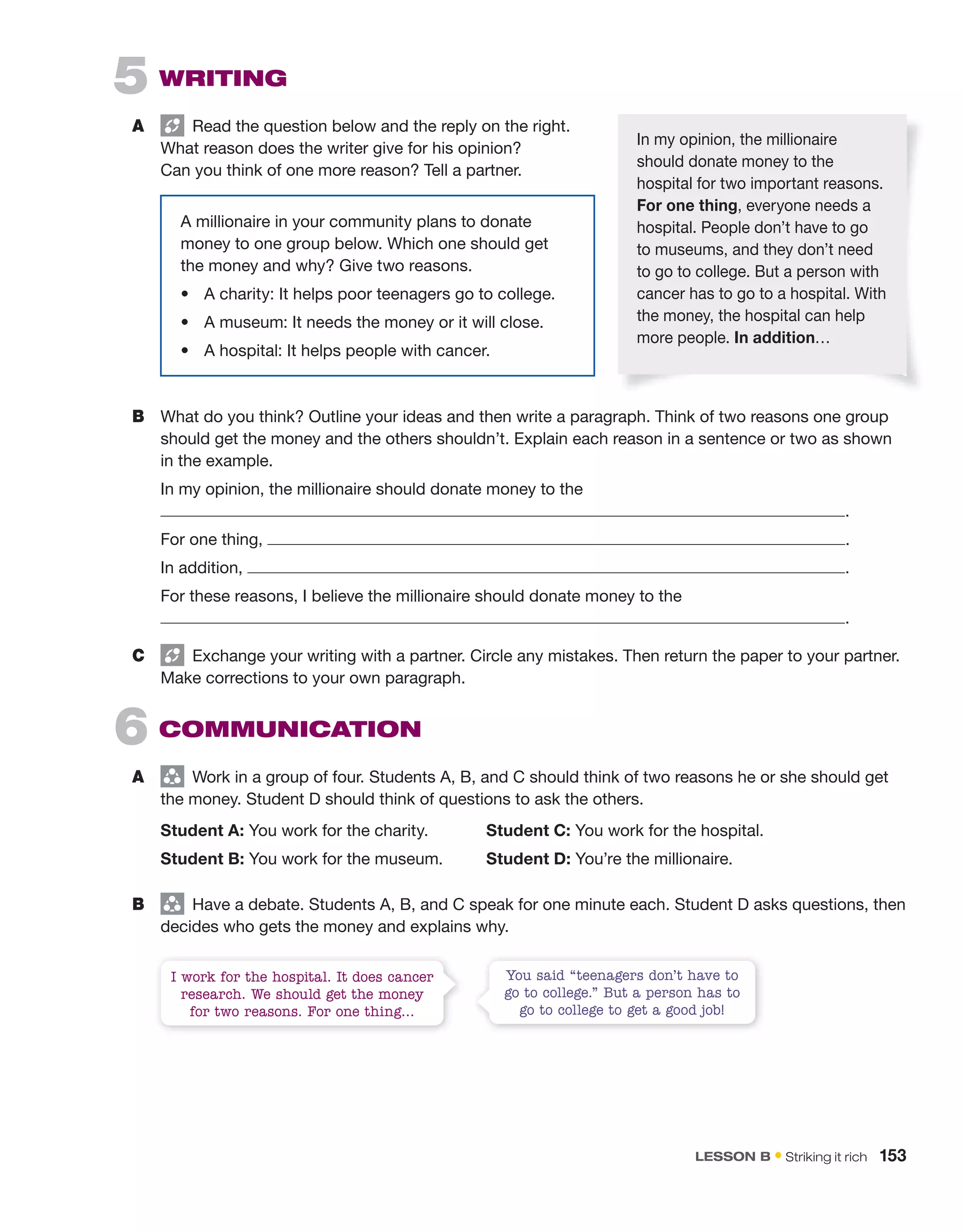 5 WriTing
A Read the question below and the reply on the right.
What reason does the writer give for his opinion?
Can you think of one more reason? Tell a partner.
I work for the hospital. It does cancer
research. We should get the money
for two reasons. For one thing…
You said “teenagers don’t have to
go to college.” But a person has to
go to college to get a good job!
A millionaire in your community plans to donate
money to one group below. Which one should get
the money and why? Give two reasons.
• A charity: It helps poor teenagers go to college.
• A museum: It needs the money or it will close.
• A hospital: It helps people with cancer.
B What do you think? Outline your ideas and then write a paragraph. Think of two reasons one group
should get the money and the others shouldn’t. Explain each reason in a sentence or two as shown
in the example.
In my opinion, the millionaire should donate money to the
.
For one thing, .
In addition, .
For these reasons, I believe the millionaire should donate money to the
.
C Exchange your writing with a partner. Circle any mistakes. Then return the paper to your partner.
Make corrections to your own paragraph.
6 CoMMUniCaTion
A group
Work in a group of four. Students A, B, and C should think of two reasons he or she should get
the money. Student D should think of questions to ask the others.
Student A: You work for the charity. Student C: You work for the hospital.
Student B: You work for the museum. Student D: You’re the millionaire.
B group
Have a debate. Students A, B, and C speak for one minute each. Student D asks questions, then
decides who gets the money and explains why.
In my opinion, the millionaire
should donate money to the
hospital for two important reasons.
For one thing, everyone needs a
hospital. People don’t have to go
to museums, and they don’t need
to go to college. But a person with
cancer has to go to a hospital. With
the money, the hospital can help
more people. in addition…
lEsson B • Striking it rich 153
 