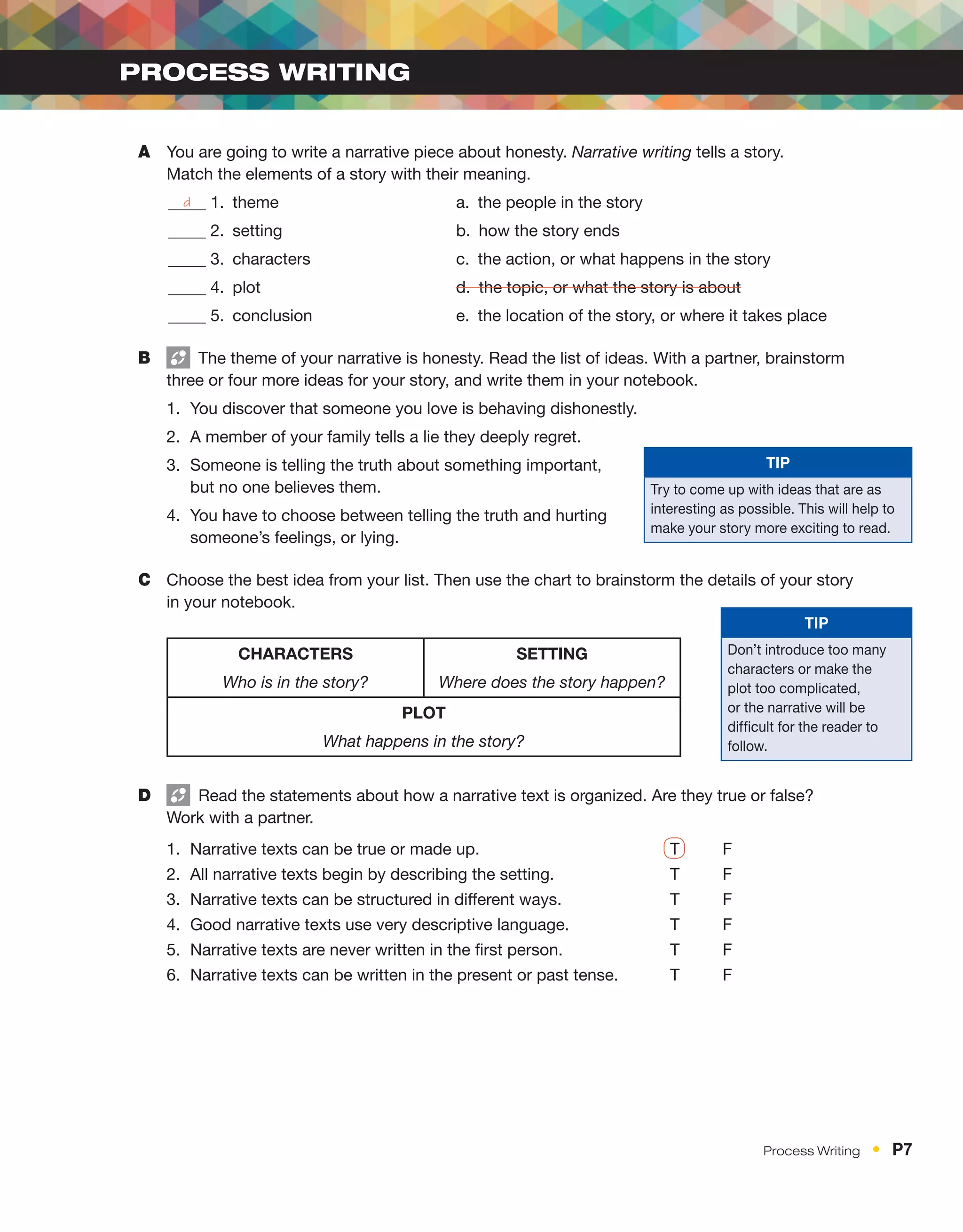 A	 You are going to write a narrative piece about honesty. Narrative writing tells a story.
	 Match the elements of a story with their meaning.
d 1.  theme	 a.  the people in the story
2.  setting	 b.  how the story ends
3.  characters	 c.  the action, or what happens in the story
4.  plot	 d.  the topic, or what the story is about
5.  conclusion	 e.  the location of the story, or where it takes place
B	   The theme of your narrative is honesty. Read the list of ideas. With a partner, brainstorm
three or four more ideas for your story, and write them in your notebook.
1.	 You discover that someone you love is behaving dishonestly.
2.	 A member of your family tells a lie they deeply regret.
3.	 Someone is telling the truth about something important,
but no one believes them.
4.	 You have to choose between telling the truth and hurting
someone’s feelings, or lying.
C	 Choose the best idea from your list. Then use the chart to brainstorm the details of your story
in your notebook.
CHARACTERS
Who is in the story?
SETTING
Where does the story happen?
PLOT
What happens in the story?
D	   Read the statements about how a narrative text is organized. Are they true or false?
Work with a partner.
1.	 Narrative texts can be true or made up.	 T    F
2.	 All narrative texts begin by describing the setting.	 T    F
3.	 Narrative texts can be structured in different ways.	 T    F
4.	 Good narrative texts use very descriptive language.	 T    F
5.	 Narrative texts are never written in the first person.	 T    F
6.	 Narrative texts can be written in the present or past tense.	 T    F
PROCESS WRITING
TIP
Try to come up with ideas that are as
interesting as possible. This will help to
make your story more exciting to read.
TIP
Don’t introduce too many
characters or make the
plot too complicated,
or the narrative will be
difficult for the reader to
follow.
Process Writing  •  P7
 