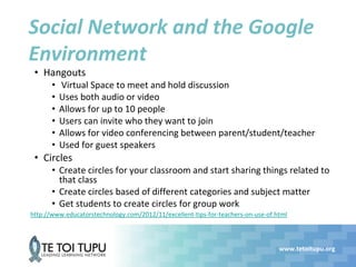 www.tetoitupu.org
Social Network and the Google
Environment
• Hangouts
• Virtual Space to meet and hold discussion
• Uses both audio or video
• Allows for up to 10 people
• Users can invite who they want to join
• Allows for video conferencing between parent/student/teacher
• Used for guest speakers
• Circles
• Create circles for your classroom and start sharing things related to
that class
• Create circles based of different categories and subject matter
• Get students to create circles for group work
http://www.educatorstechnology.com/2012/11/excellent-tips-for-teachers-on-use-of.html
 
