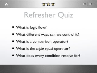 Refresher Quiz
• What is logic flow?
• What different ways can we control it?
• What is a comparison operator?
• What is the triple equal operator?
• What does every condition resolve for?

 